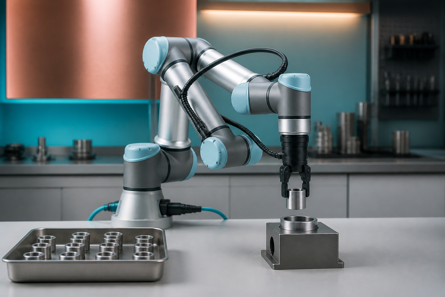 Small collaborative robotic arm handling metal components