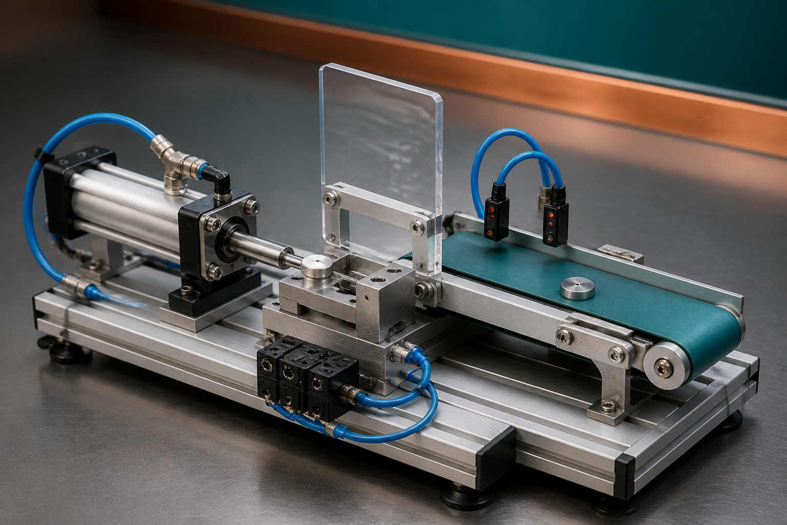 Compact pneumatic cylinder pushing components onto a mini conveyor
