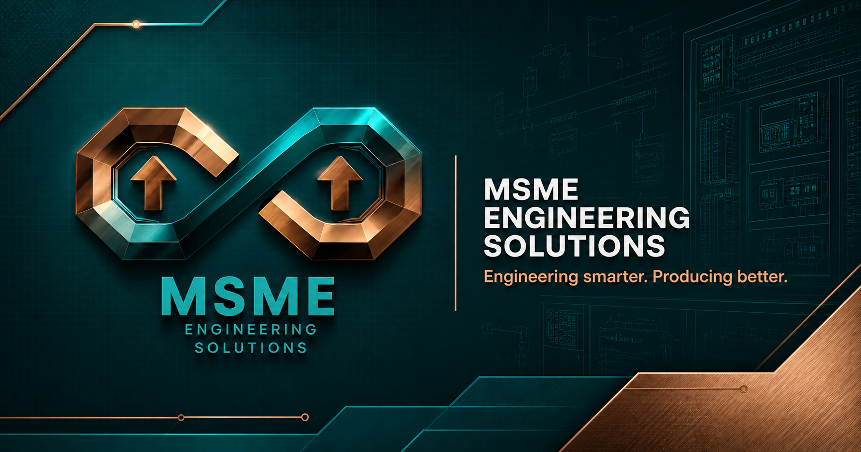 MSME Engineering Solutions teal and copper engineering artwork